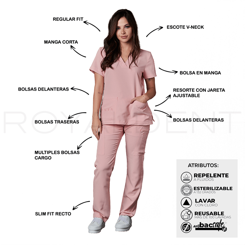 Pijama sanitario Catherine Dama Square Antibacterial Multiverse color Rosa Royal Dent - Casaca más Pantalón