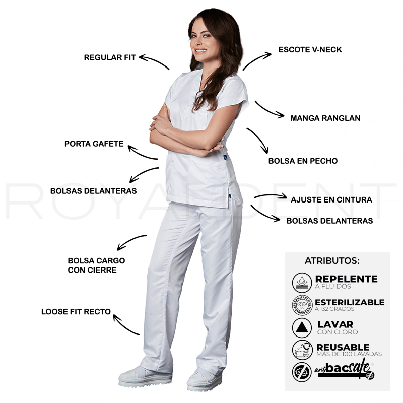 Pijama sanitario Dra Quinn Dama Win Antibacterial Multiverse color Blanco Royal Dent - Casaca más Pantalón