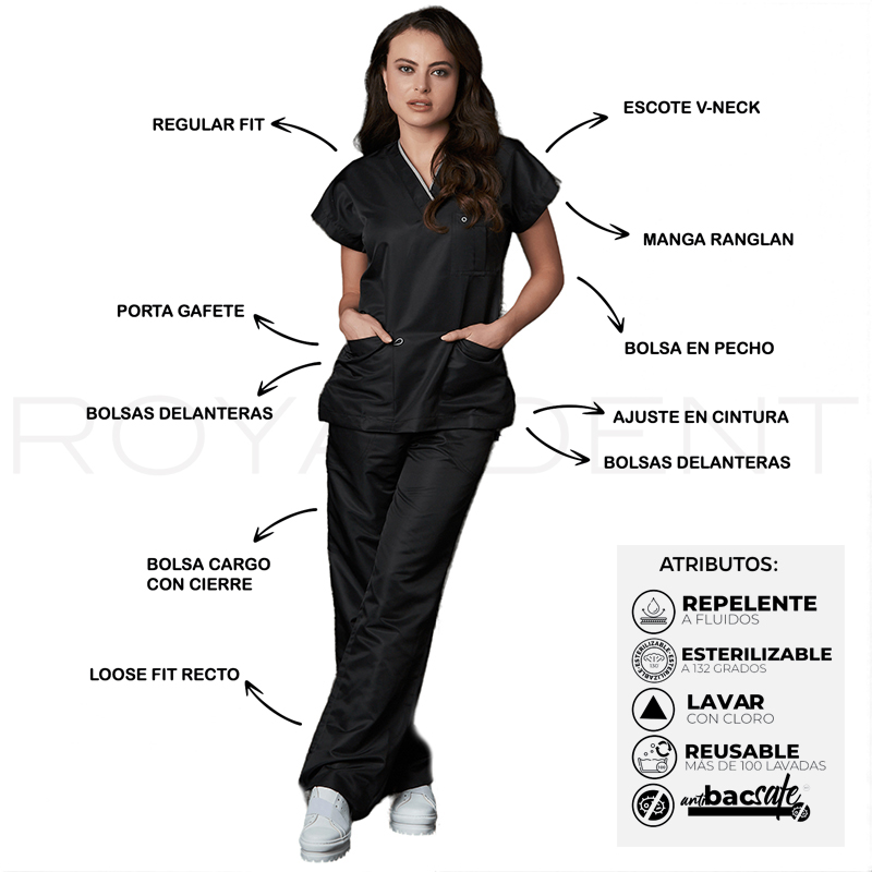 Pijama sanitario Dra Quinn Dama Win Antibacterial Multiverse color Negro Royal Dent - Casaca más Pantalón