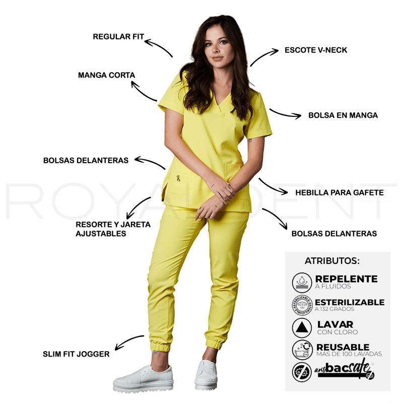 Pijama sanitario Performance Dama Square Antibacterial Multiverse color Amarillo Neon Royal Dent - Casaca más Pantalón