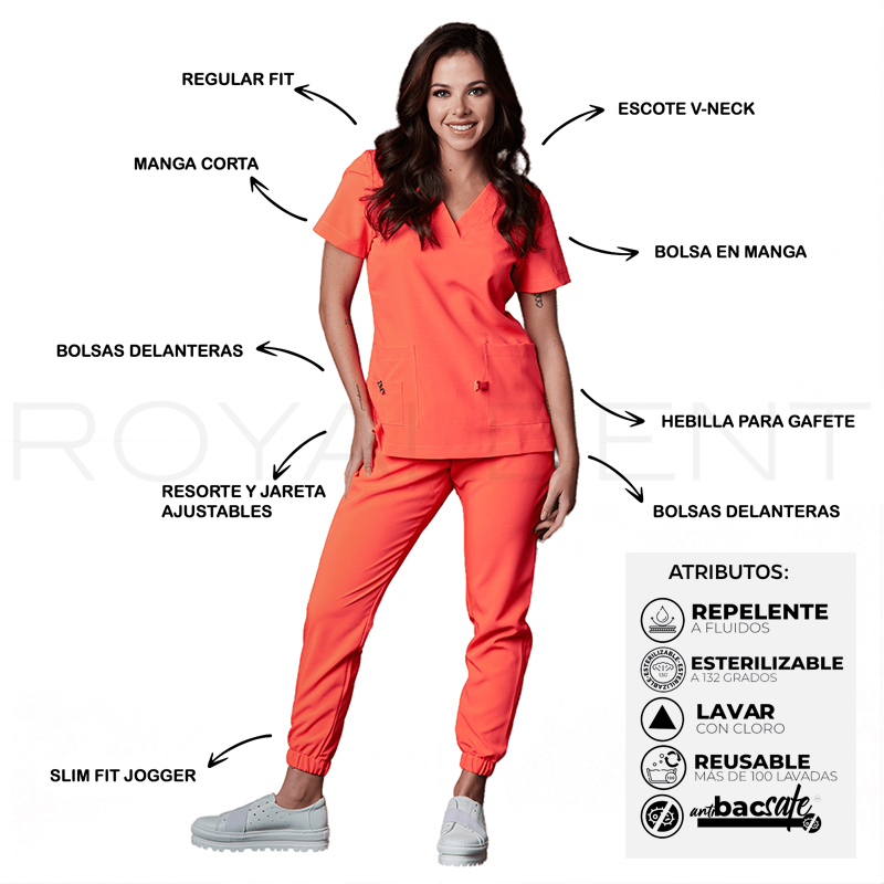Pijama sanitario Performance Dama Square Antibacterial Multiverse color Fresa Royal Dent - Casaca más Pantalón