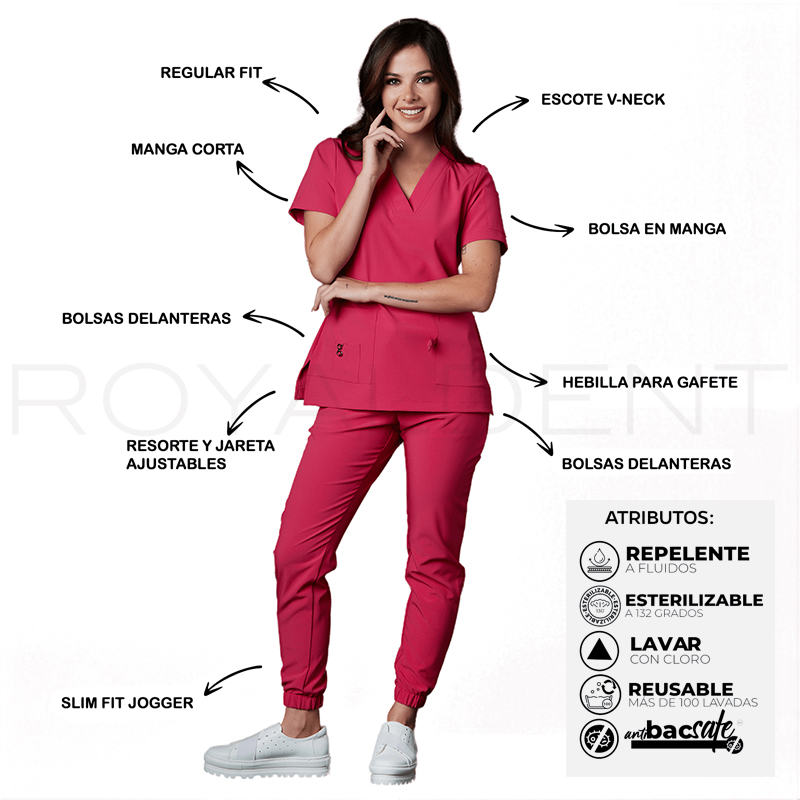 Pijama sanitario Performance Dama Square Antibacterial Multiverse color Magneta Neon Royal Dent - Casaca más Pantalón