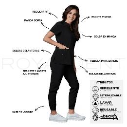 Pijama sanitario Performance Dama Square Antibacterial Multiverse color Negro Royal Dent - Casaca más Pantalón