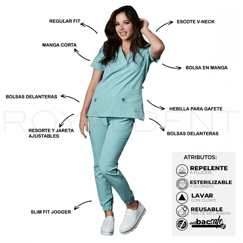 Pijama sanitario Performance Dama Square Antibacterial Multiverse color Sage Royal Dent - Casaca más Pantalón