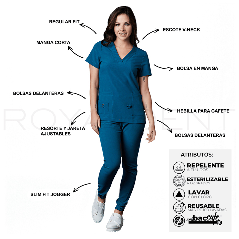 Pijama sanitario Performance Dama Square Antibacterial Multiverse color Teal Royal Dent - Casaca más Pantalón