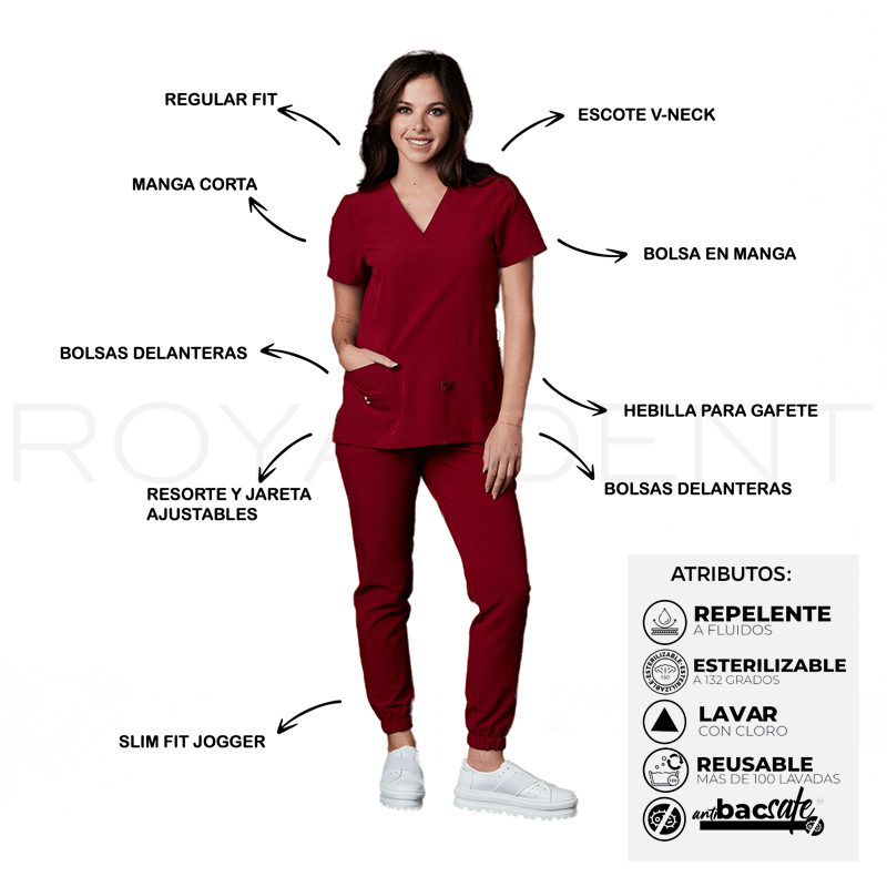 Pijama sanitario Performance Dama Square Antibacterial Multiverse color Vino Royal Dent - Casaca más Pantalón